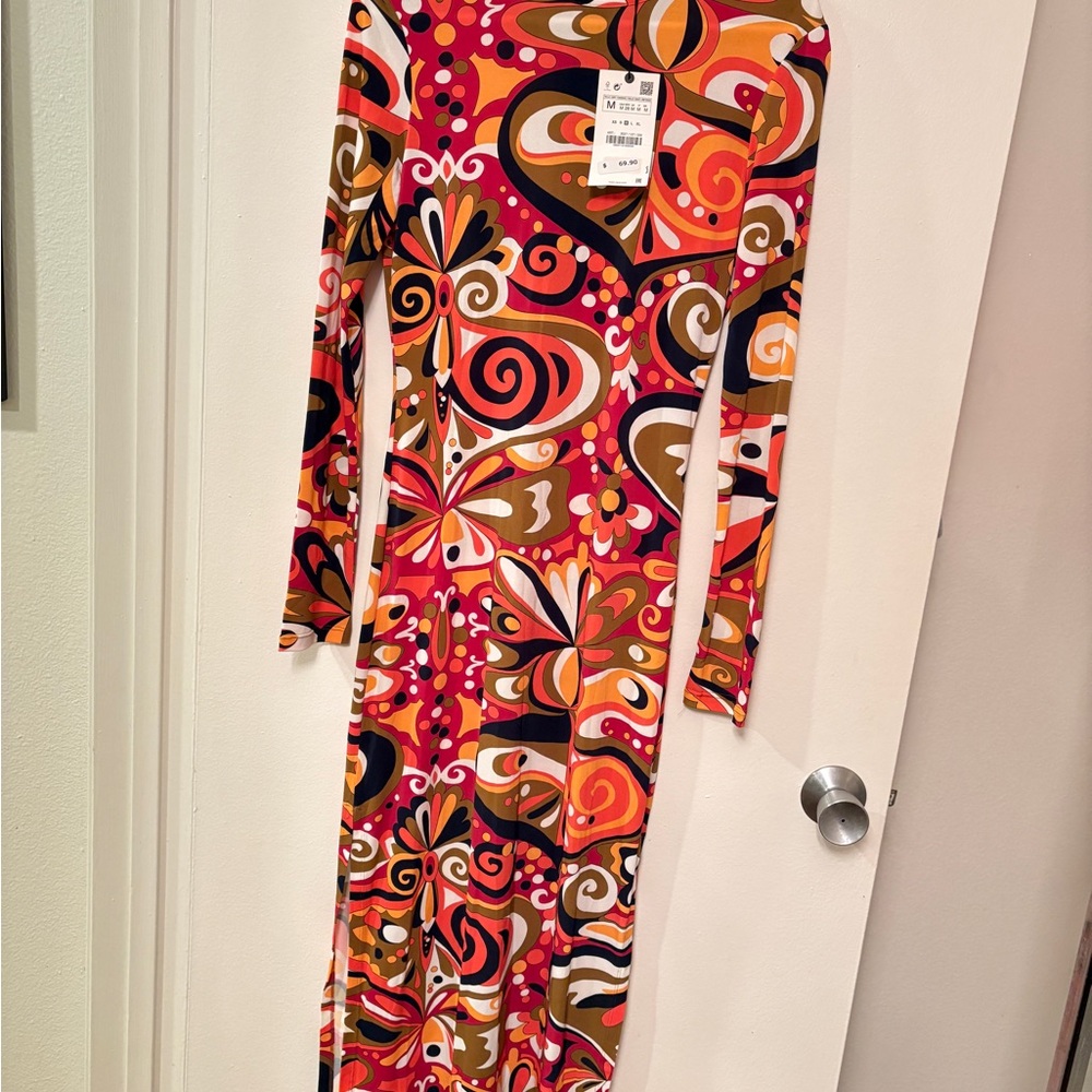Zara Red and Orange Long Sleeve Dress
